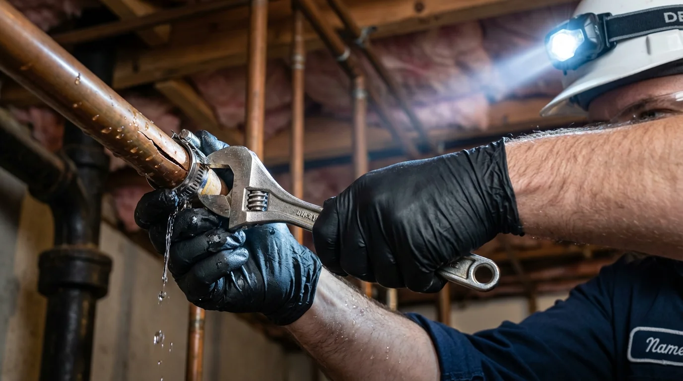Emergency pipe clamp repair being performed by a Johns Plumbing LLC plumber in Jamestown