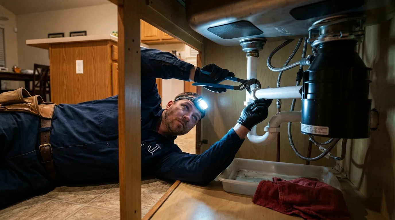 P-trap and supply line connections under a kitchen sink showing a common leak point in Jamestown, OH